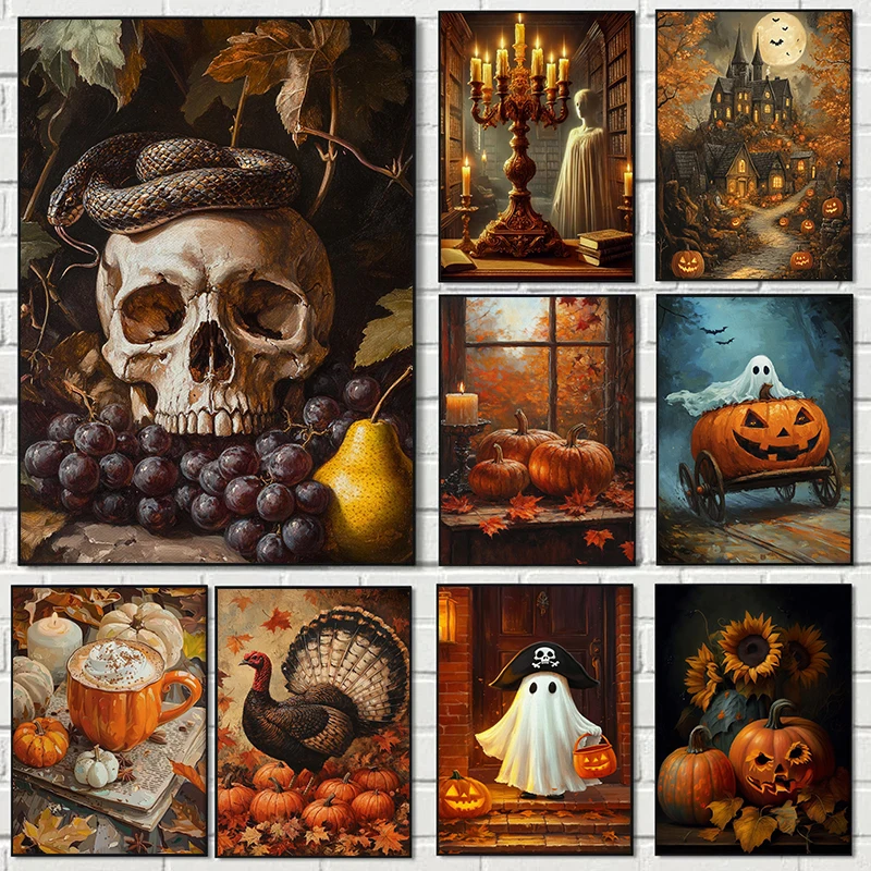 Dark Academy Forest Castle Halloween Horror Pumpkin Cute Ghost Poster Canvas Paintings Wall Art Pictures Home Decor