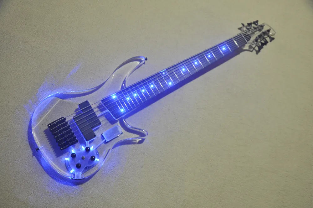 

7-Strings Acrylic Body Electric Bass Guitar with Blue LED Lighting,Black Hardware,Rosewood Fretboard,Offer Customized