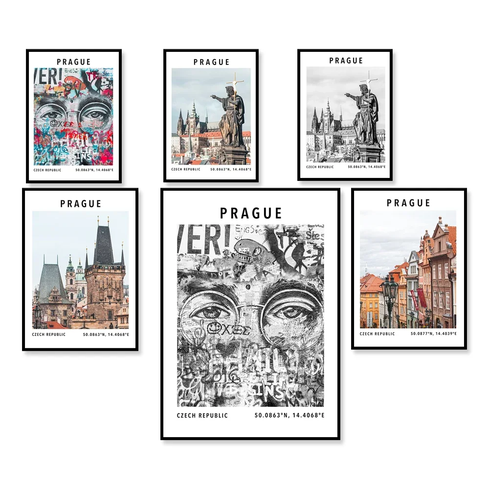 Prague Prints, John Lennon Wall Prague, Charles Bridge, Czech Republic Wall Art Prague Coordinates Prague City Travel Poster