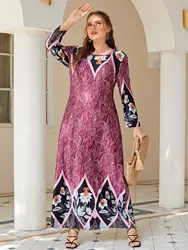 Plus Size Dress 2024 autunno inverno donna manica lunga stampa retrò abito Vintage Big Curvy Size abaya abbigliamento islamico musulmano