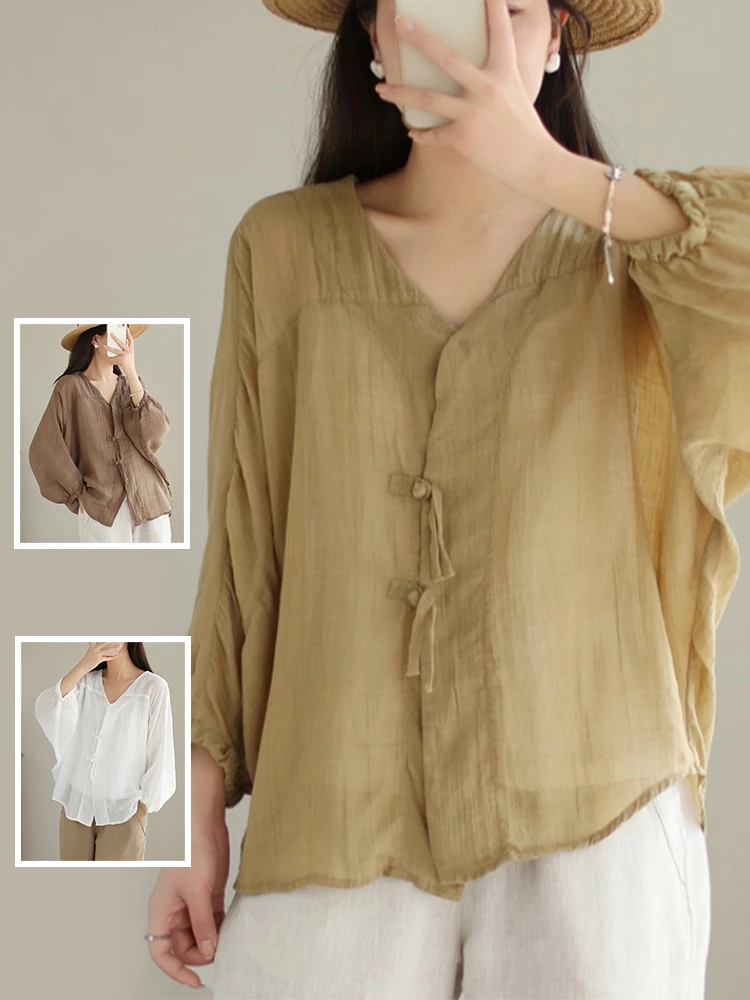 

Художественная хлопковая льняная верхняя одежда с защитой от солнца в стиле ретро, весна-лето, большие размеры, женская тонкая возрастная одежда на пуговицах с v-образным вырезом...
