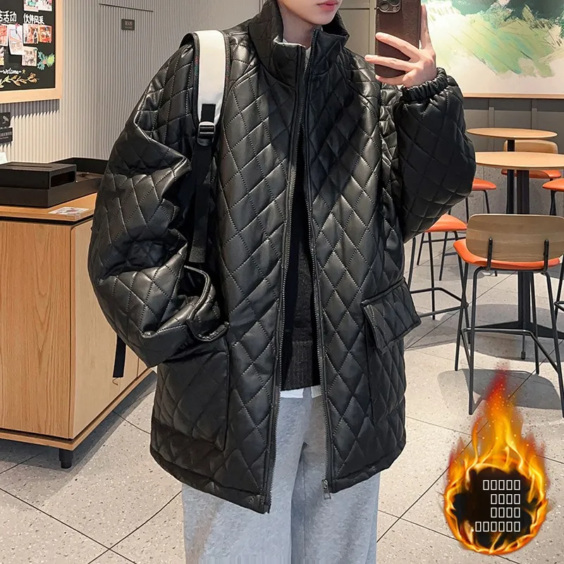 

Lattice Pattern Thiened Cotton Jaet for Men Winter Warm PU Leather eepskin Vest American Retro Sle Casual Outerwear