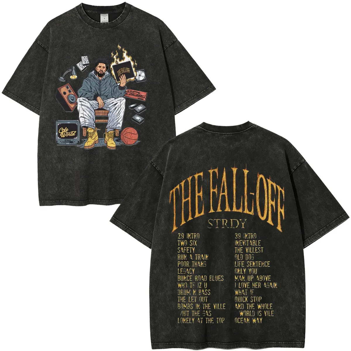 Vintage Washed J.Cole The Fall Off Print T Shirts Men Women Clothing Hip Hop Fashion Short Sleeve Oversized T-shirts Streetwear