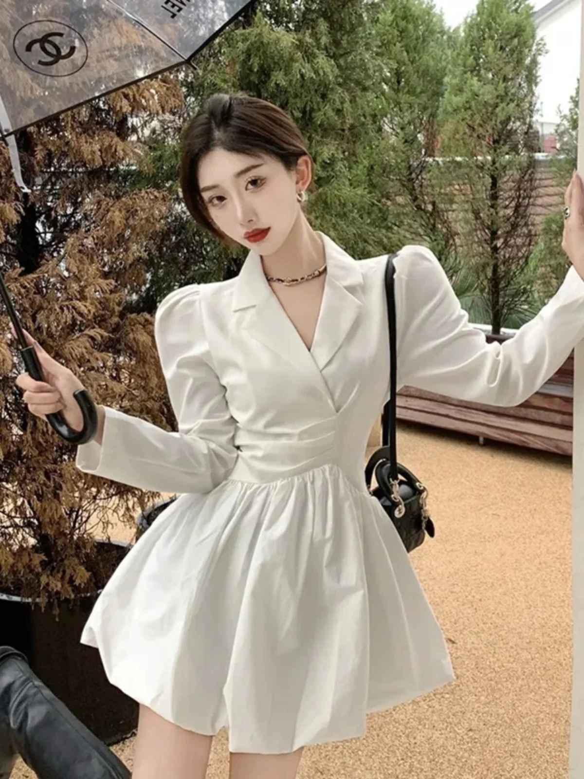 

Elegant White Suit Dress Women's A-Line Dress Slimming Waist Design Long Sleeve Casual Style Polyester Fiber V-Neck