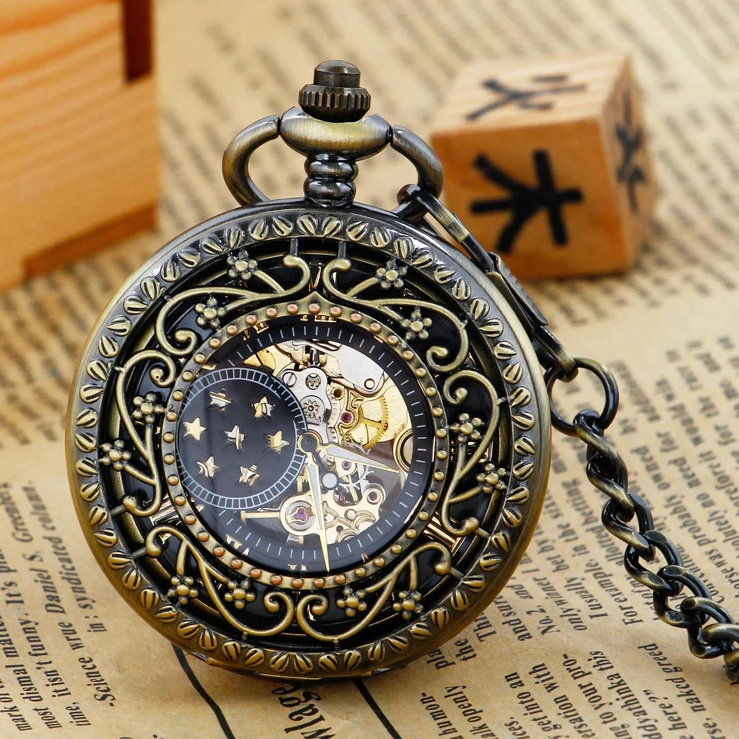 Reloj de bolsillo mecánico de cuerda manual para hombre, reloj con esqueleto Steampunk hueco Vintage, reloj con números romanos y cadena Fob PJX1648