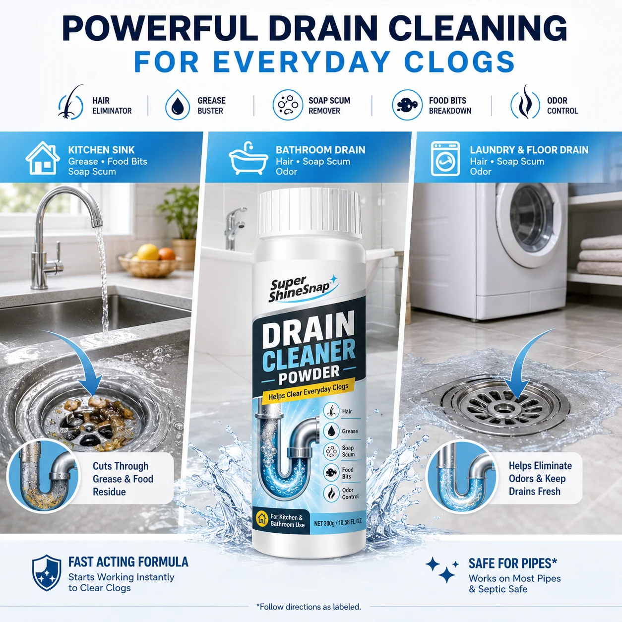 300g Drain Cleaner Powder for Kitchen and Bathroom Use, White Powder Drain Care Cleaner for Hair, Grease, Soap Scum, Food Bits and Odor Control, Easy Household Pipe Cleaning Supplies