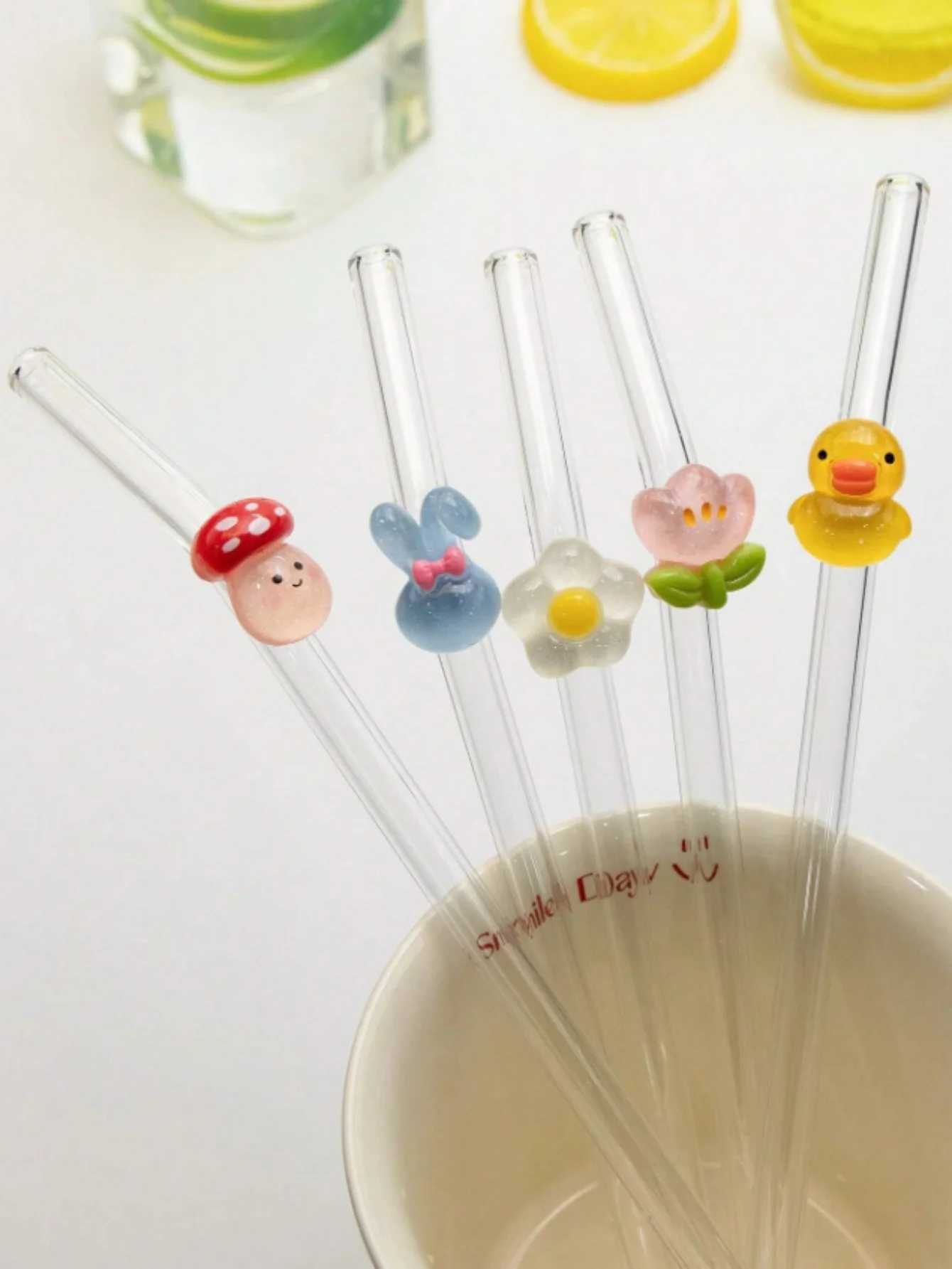 1/5 Stück Tier-Glasstrohhalme, Pilz-/Hasen-/Enten-Designs. Für Boba, Kaffee & Cocktails. Perfektes Geschenk für Partys und Feiertage.