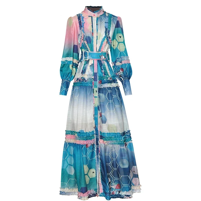 

New Fashion Designer Spring Women Lantern sleeve Single-Breasted Sashes Multicolor Printed Vacation Long Dress