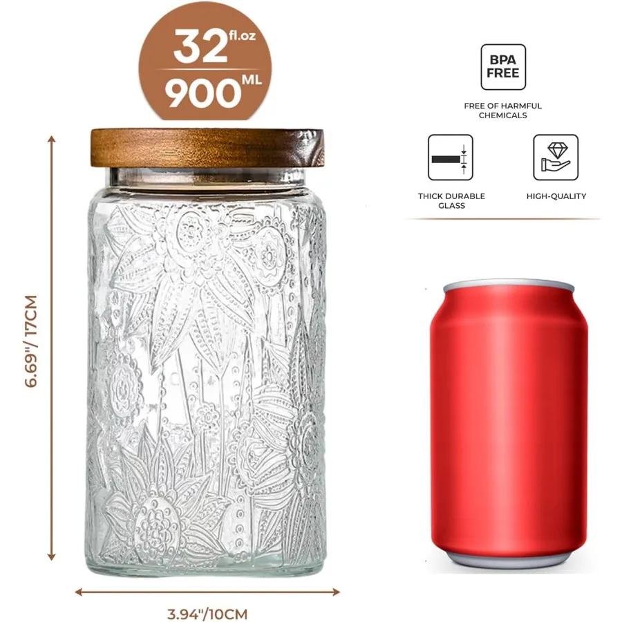 32oz Vintage Glass Jars with Lids - Airtight Food Storage for Coffee Sugar Tea