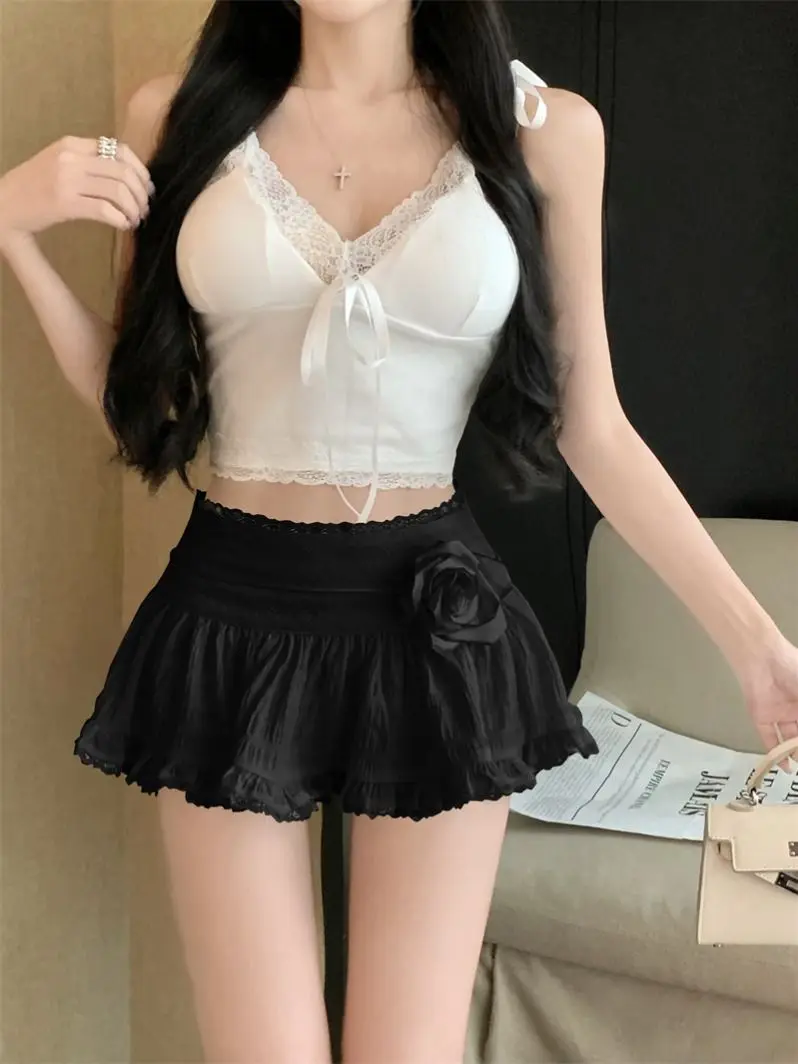 กระโปรงมินิลูกไม้ดอกไม้โรแมนติกผู้หญิงฤดูร้อนใหม่