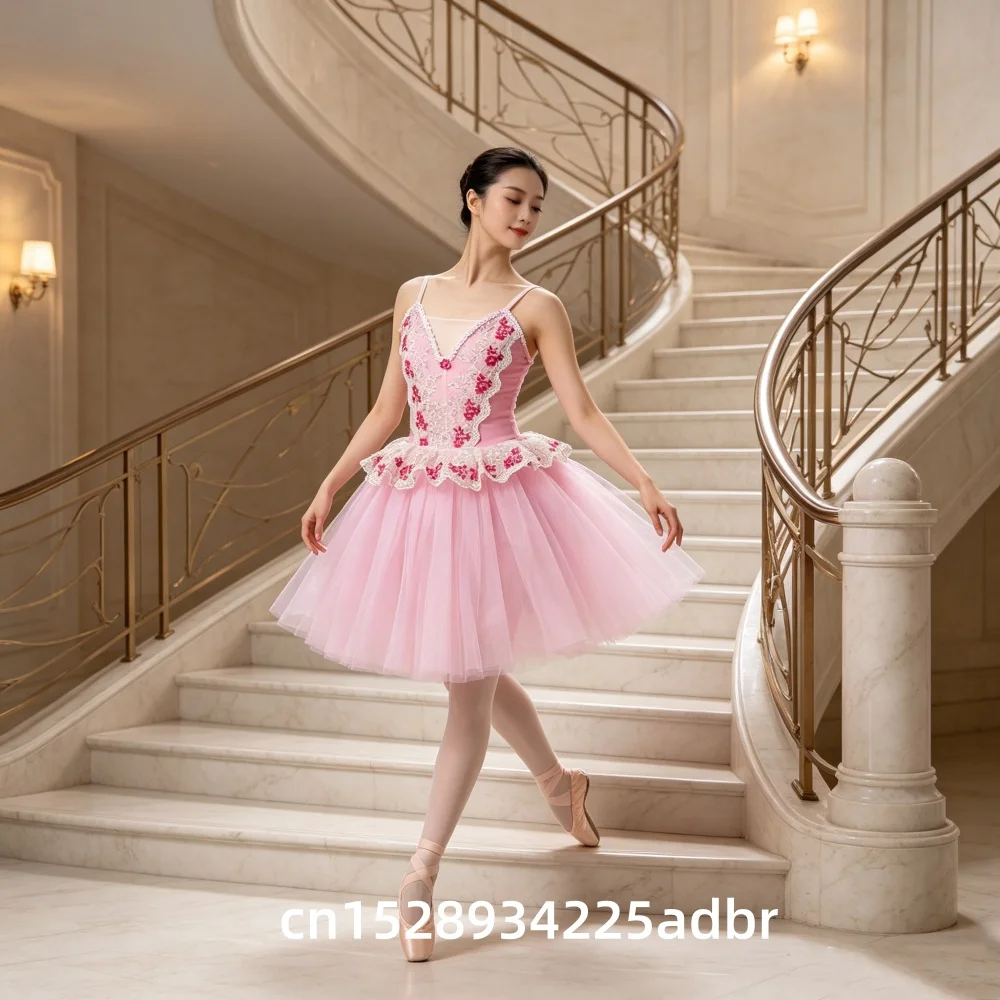 New Pink Floral Ballet Tutu Dress for Girls Professional Swan Lake Dance Costume Kids' Ballet Performance Wear Women's Ballerina