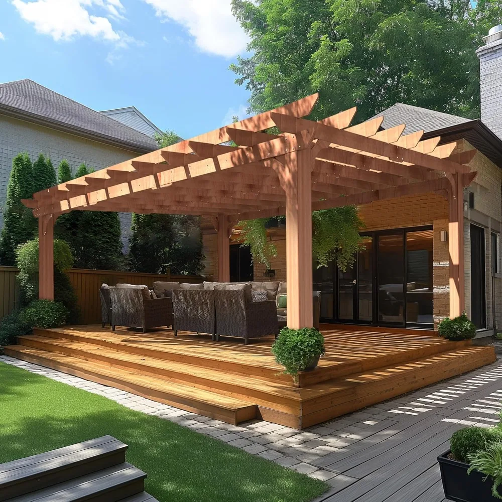 

12 X16 FT Pergola, Cedar Wood Gazebo with Flat Roof, Outdoor Garden Shelter with Stakes Included, Patio, Deck, Backyard