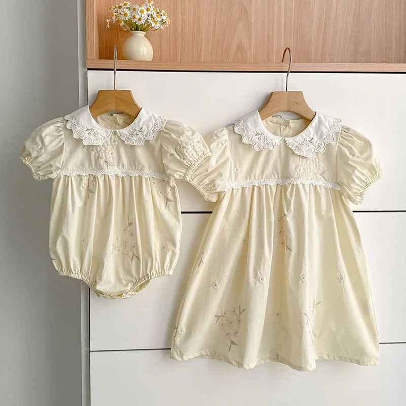 2026 New Summer Kids Princess Dresses 2-6Yrs Girl Party Dress Short Sleeved Cotton Embroidery Baby Romper Sister Clothing