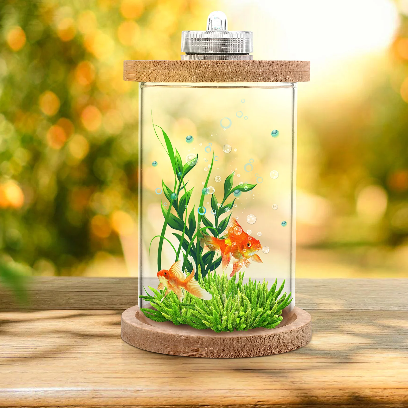 

1Pcs Mini Glass Fish Tank With Colorful LED Lights And Solid Wood Base For Desk And Bedroom Decor