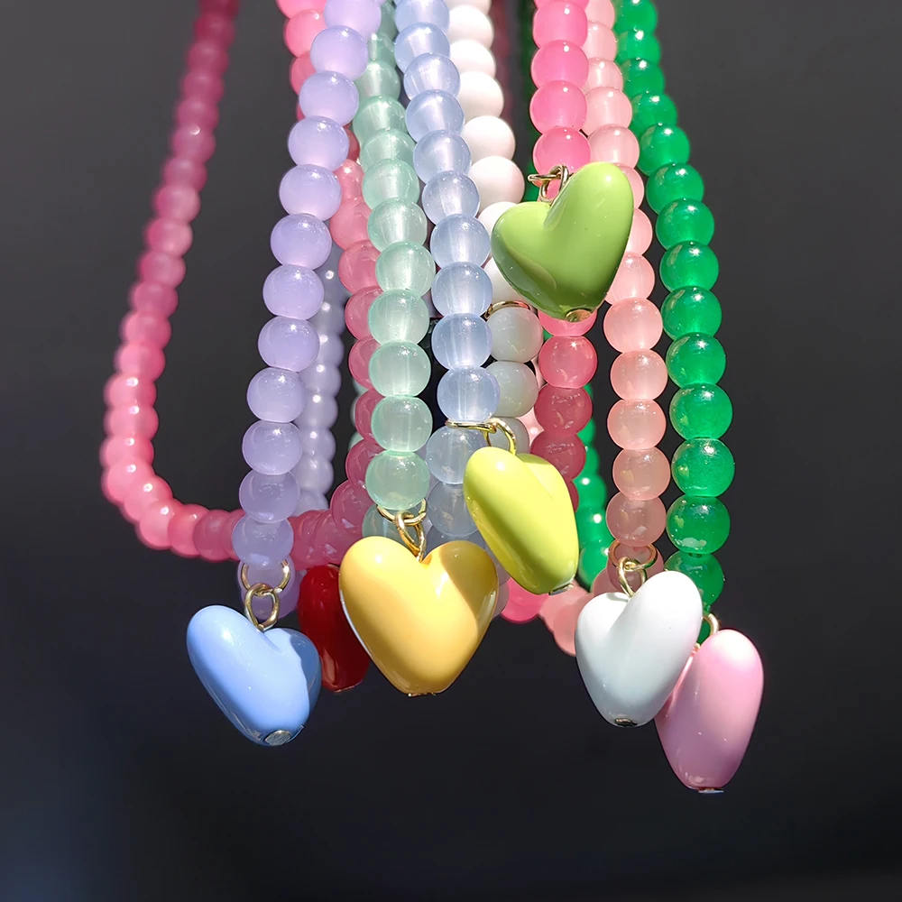 ZX Handmade Transparent Beaded Chain Short Chokers for Women Cute Candy Color Heart Pendant Necklace Wholesale Girl Jewelry Gift