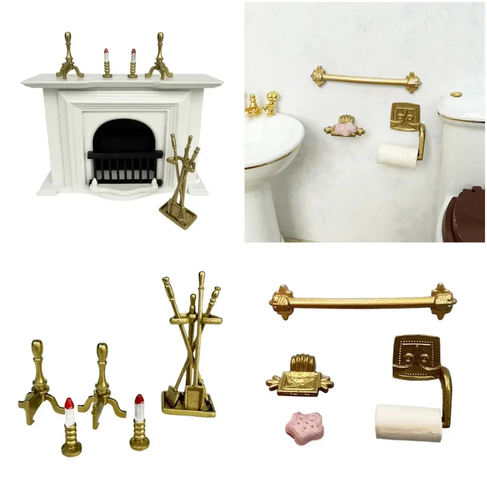1/12 escala casa de bonecas móveis saboneteira ouro em miniatura toalheiro papel lareira acessórios modelo casa boneca toalheiro conjunto