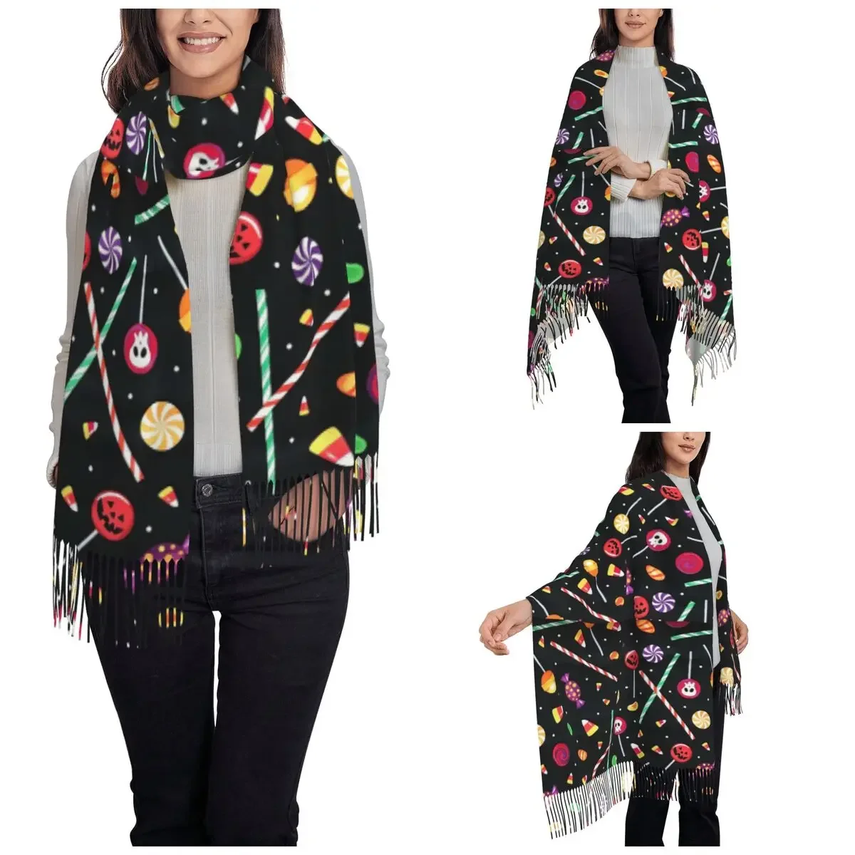 Happy Halloween Shawl Wrap for Women Winter Large Soft Scarf Cartoon Candy Toffee Pashmina Shawl Scarves