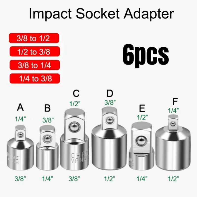 

6pcs CR-V Chrome Socket Convertor-Adaptor1/2 To 3/8 3/8to1/4 3/4 To1/2 Ratchet Wrench Adapter-Steel Drive Socket Converter