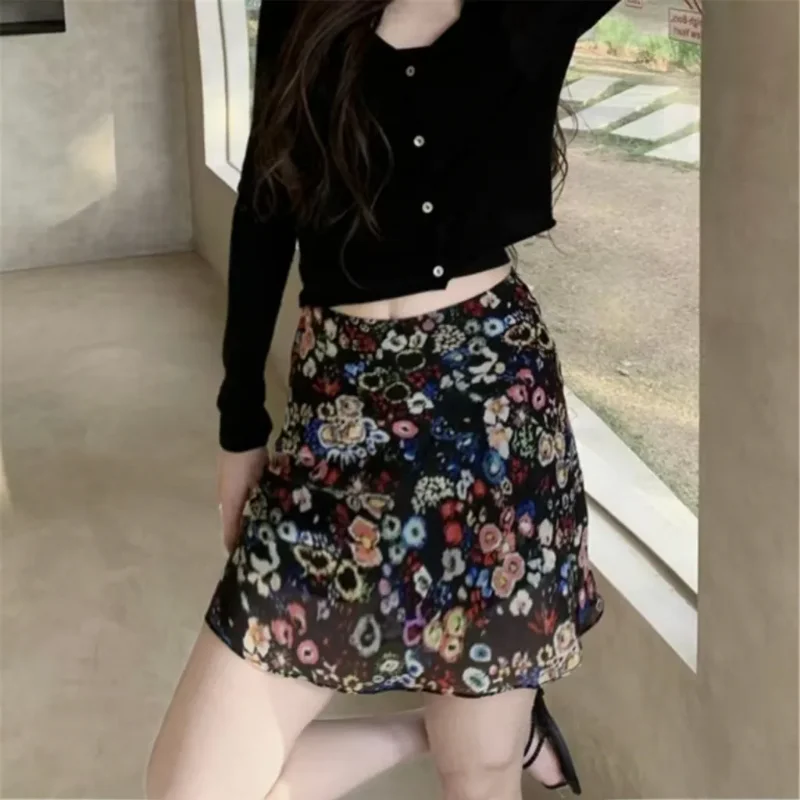 French Elegant Oil Painting Print A-line Lace Satin Midi Skirt Women High Waist Slim All Match Casual Dress