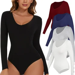 Women Bodysuit V Neck Long Sleeve Solid Plush Tops Jumpsuit Fleece Warm Bottoming Shirts Winter Thermal Underwear