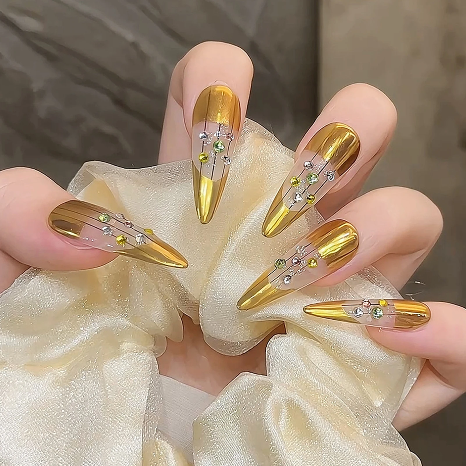 Uñas postizas doradas de Punta francesa, uñas postizas hechas a mano con diamantes de imitación brillantes, decoración, Stiletto largo de almendra, usable, 10 piezas