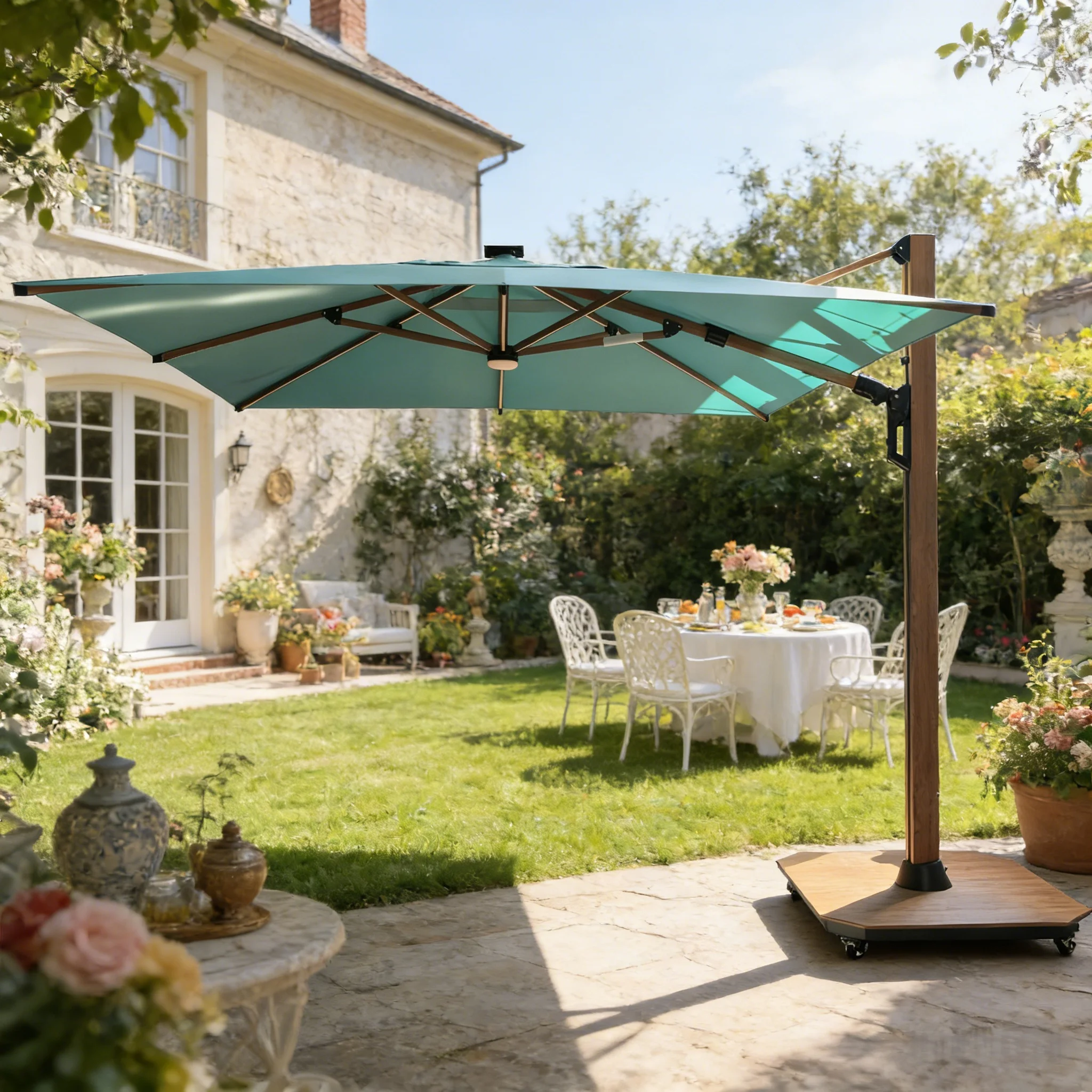 Heavy Duty Aluminum Cantilever Umbrella Inward Push Outdoor Roman Umbrella with Cross Tile Base and Warm LED Strips