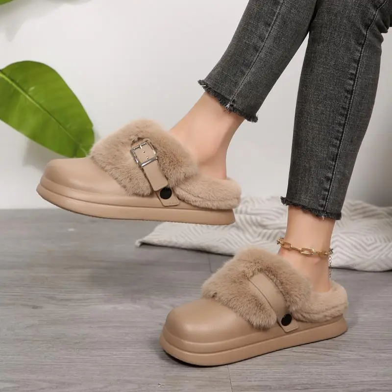 Wasserdichte EVA-Hausschuhe mit dicker Sohle und Fellbesatz für Damen, Winter 2026, mit Metallschnalle, flauschige Fell-Clogs, warme Plüsch-Hausschuhe für Frauen – Detail 7