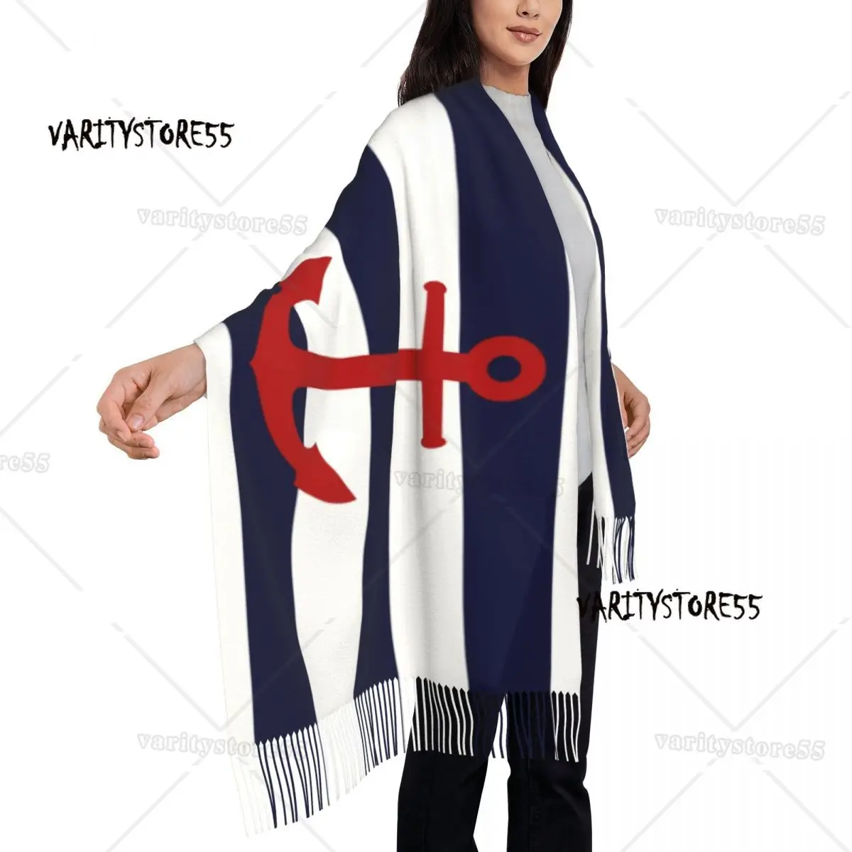 Sciarpa di nappa nautica di lusso donna inverno caldo scialle Wrap Lady Red Anchor On Navy Blue Stripes sciarpe