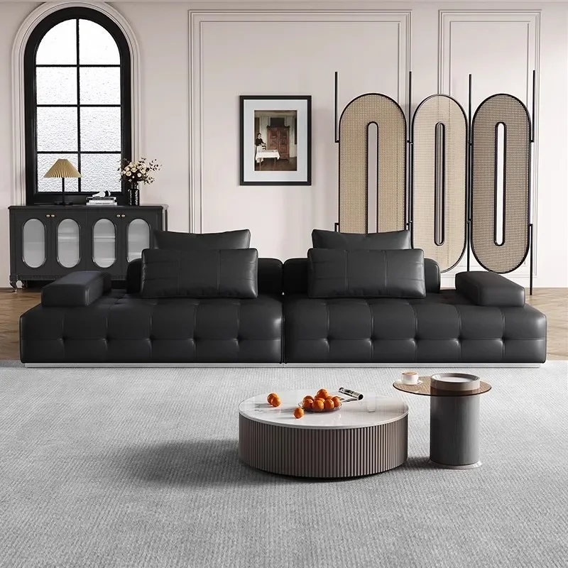 Ledersofa mit gerader Reihe, großes flaches Ledersofa der italienischen minimalistischen Wohnzimmervilla