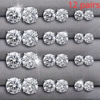 12 Pairs Set Stainless Steel Silver Color CZ Stud Earrings with Gemstone Buds Round Earrings Jewelry Accessories Unisex 1