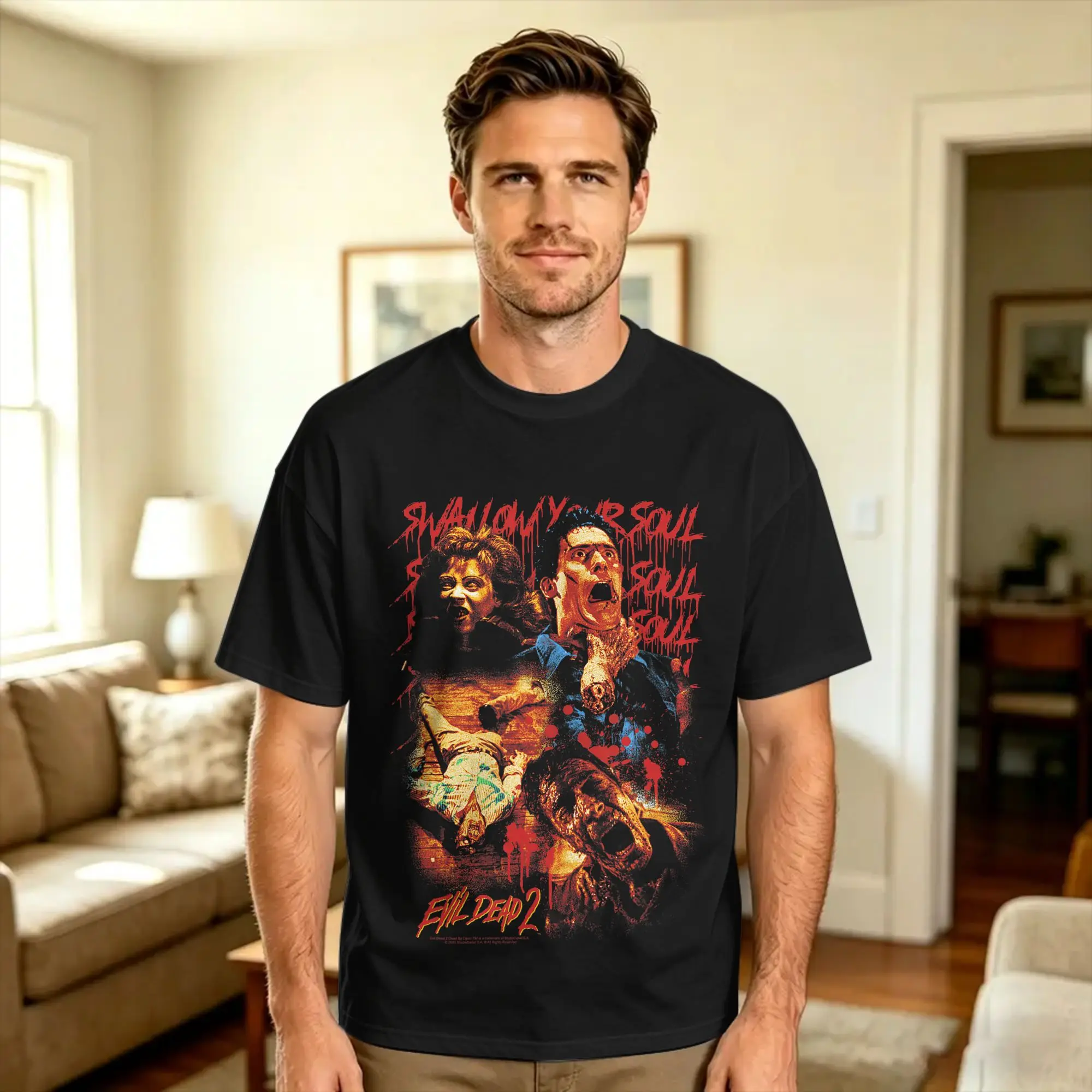 Men's Evil Dead 2 Swallow Your Soul Collage Horror Movie T-Shirts  100% Cotton Tops Summer Vintage Short-Sleeve T Shirt O Neck