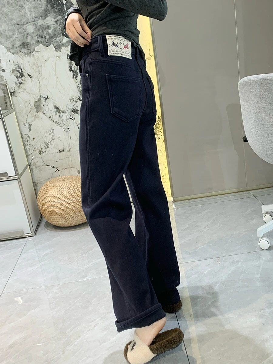 

Зимние теплые джинсы женские приталенные с флисовой подкладкой, с высокой талией, прямые, темного цвета, длинные, для повседневной носки, из эластичного хлопкового денима