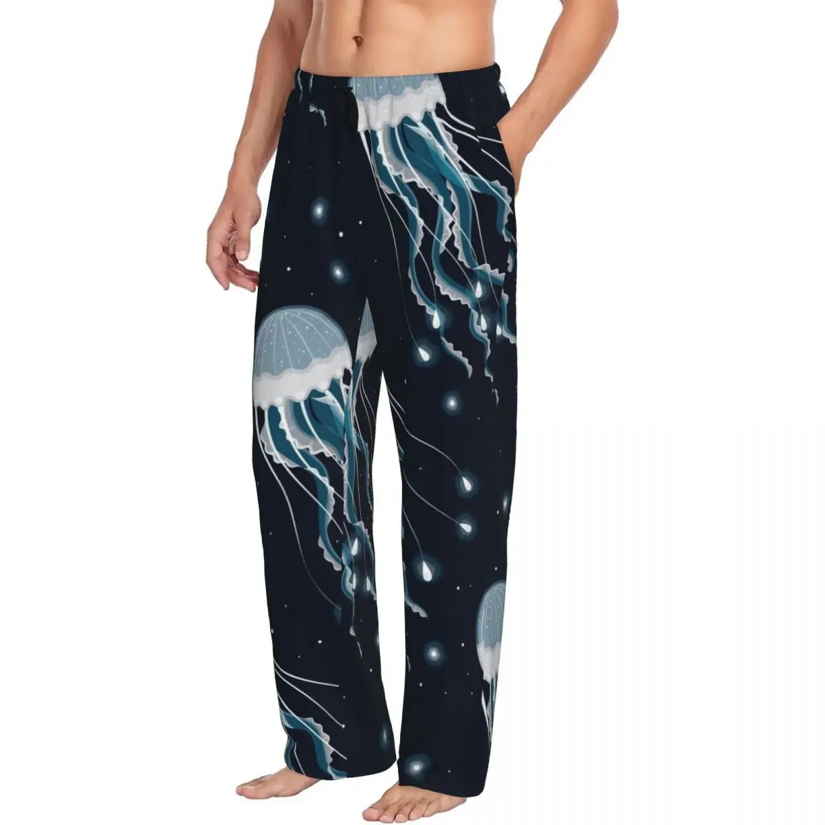 Glowing Jellyfish Pajama Pants Sleepwear for Men Elastic Waistband Sleep Lounge Bottoms with Pockets