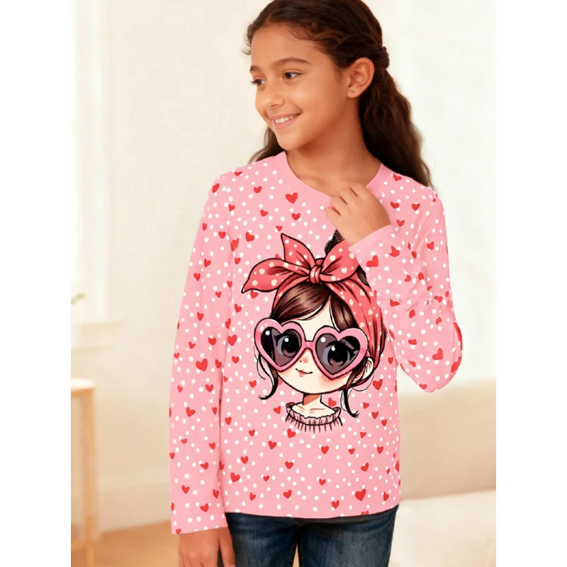 2026 Girls Cute Pink Heart Print T-Shirt for Kids Fashionable Casual Short Sleeve Top in Soft Comfortable Material