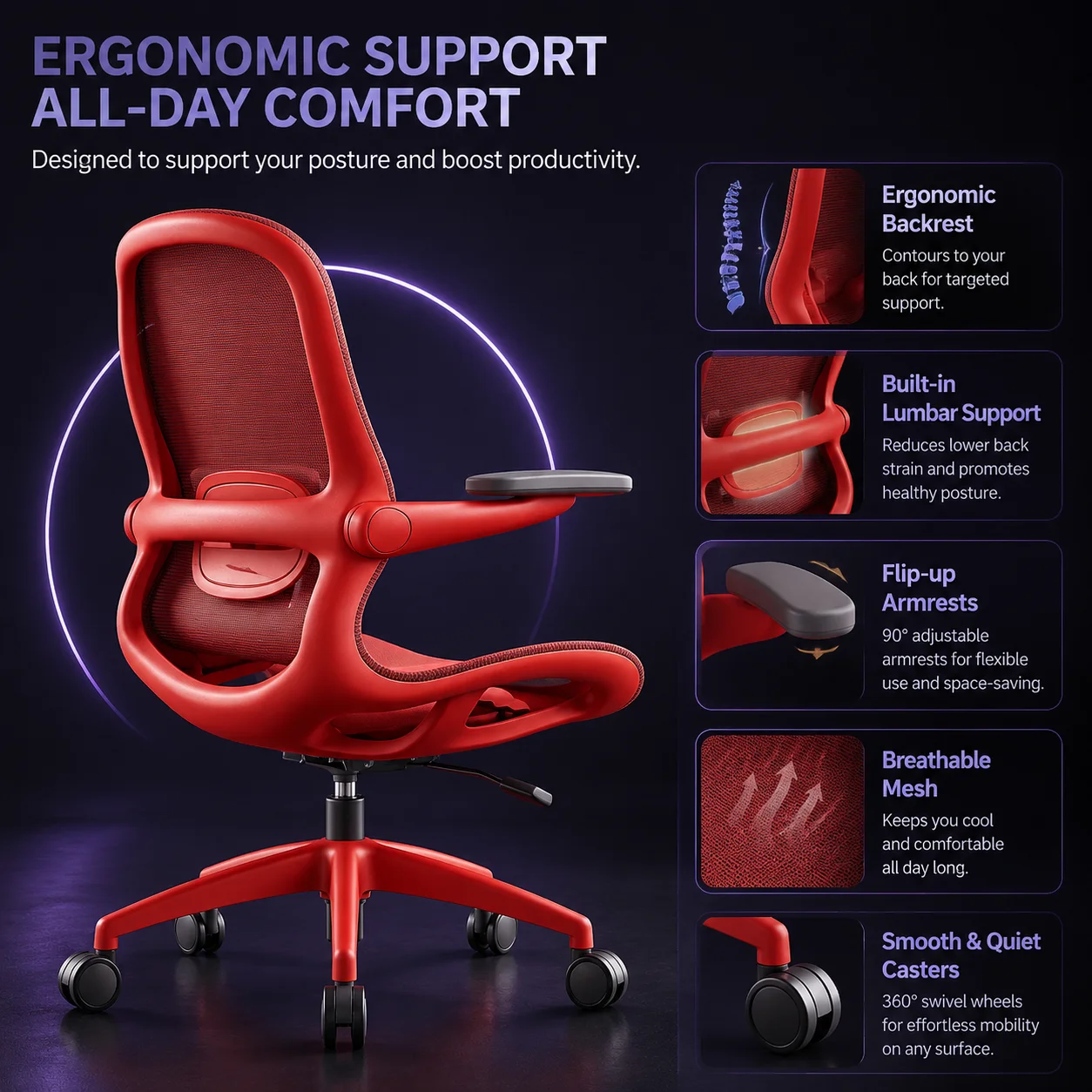 Cadeira Ergonômica de Malha para Escritório, Cadeira de Computador para Casa, Cadeira Gamer com Função de Levantar e Girar, Poltrona para Sala de Esta