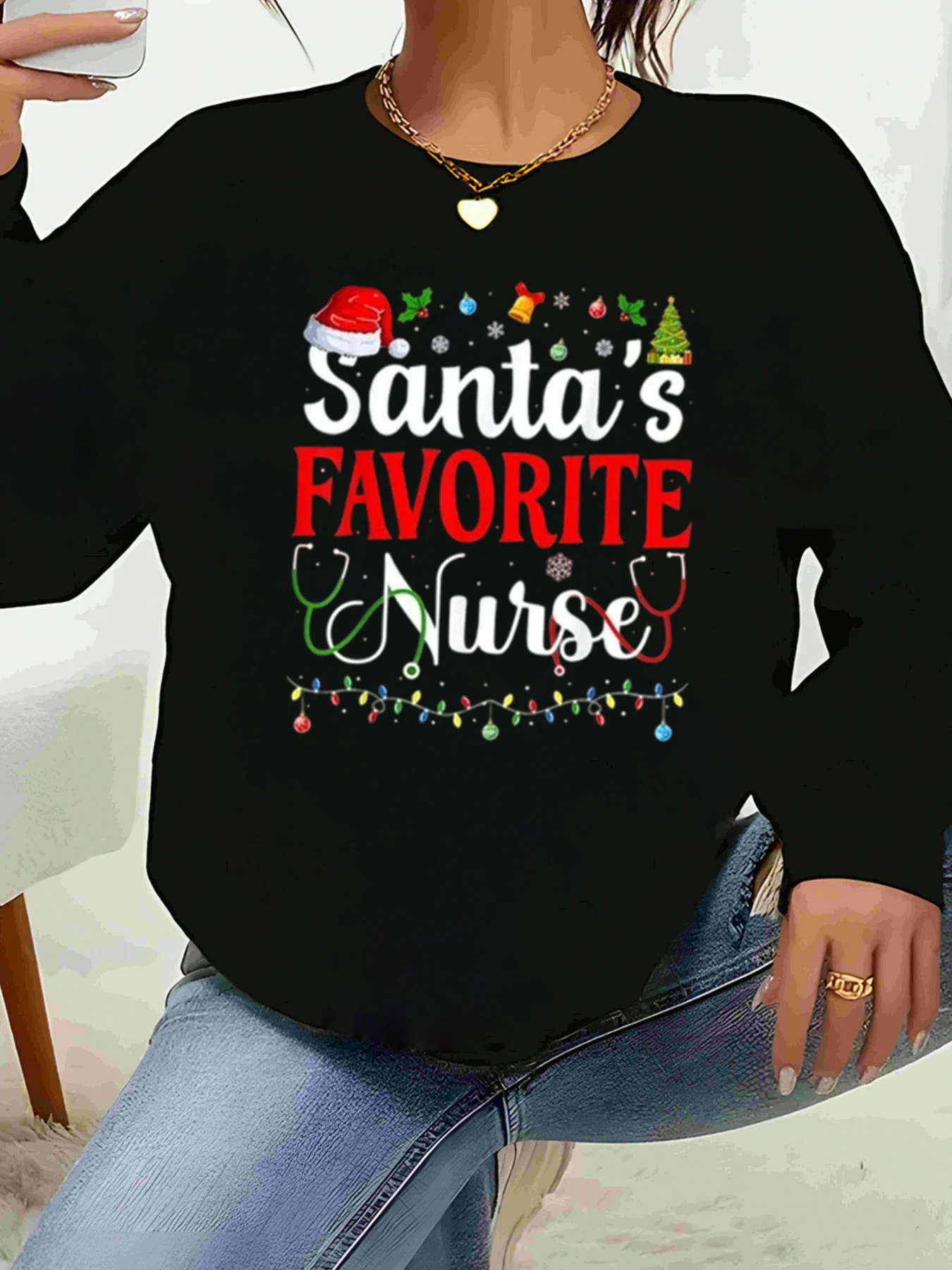 

Santa's Favorite Nurse Christmas Print Long Sleeve Sweater Holiday Gift for Nurses Women