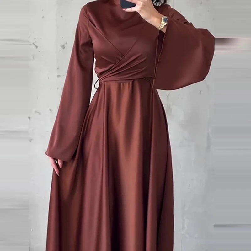 Vrouwen Satijnen Jurk Met Lange Mouwen Slanke Taille Elegante Minimalistische Mode Midi Jurk Casual Avondfeest Outfit Voor Lente Herfst