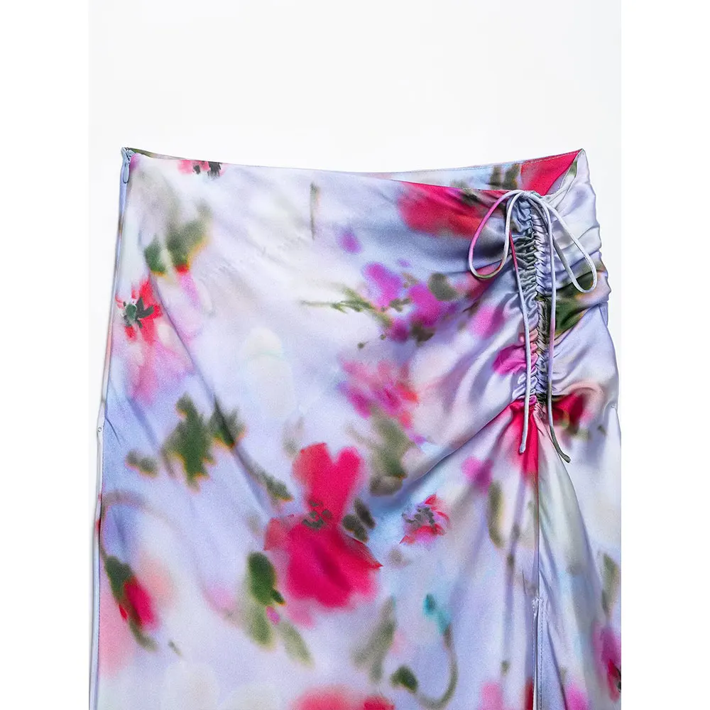 DUOPERI Women Fashion 2025 New Printed Pleated Lace Up Front Slit Midi Skirt Sexy Side Zipper High Waist Female Chic Lady Skirts