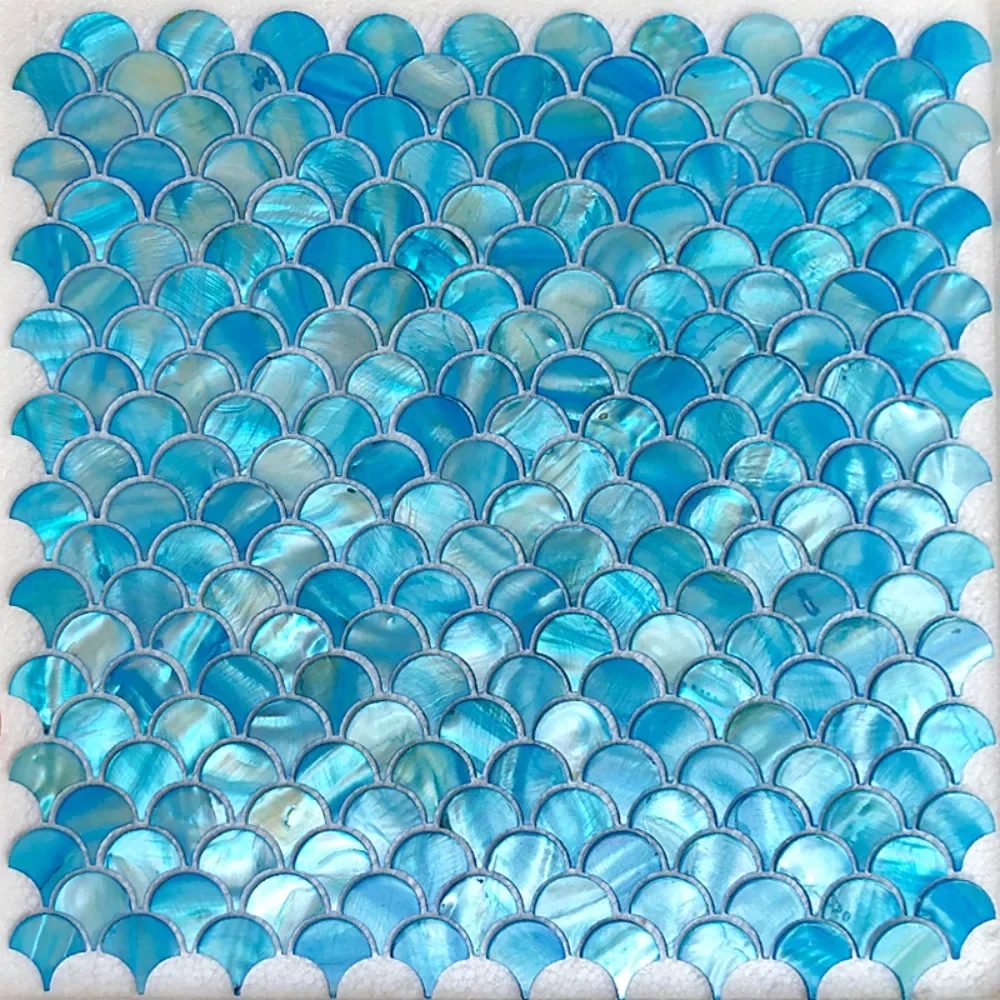 1 Pcs Blue Fish Scale Fan Dyed Shell Mosaic Tile Sticker 30x30cm Bathroom Porch Living Room Background Wall Decor Wall Stickers