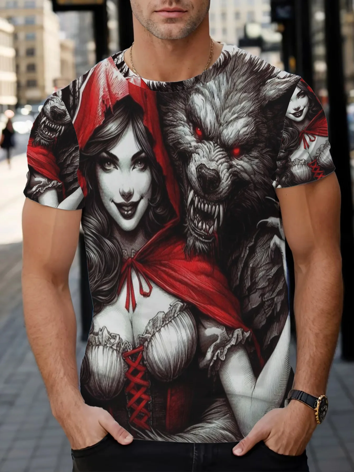 Camiseta gráfica de Caperucita Roja y el Hombre Lobo; Ropa informal de estilo gótico, adecuada para fiestas de disfraces de Halloween.