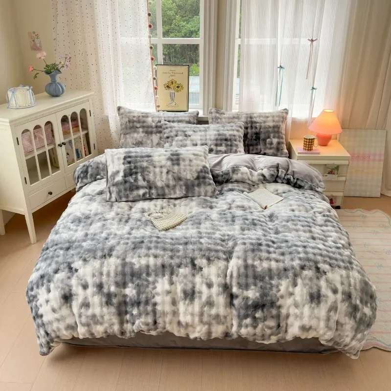 New simple printing bubble milk fleece four-piece set student dormitory cartoon thickened bed sheet quilt cover kit household