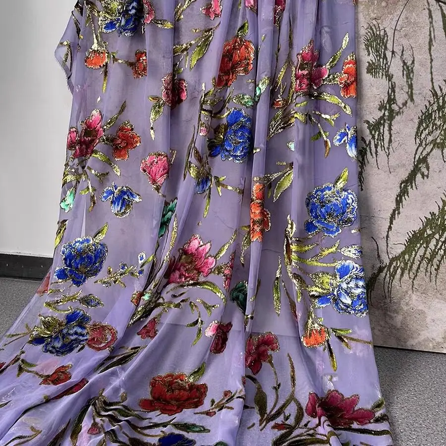 Mulberry Silk Velvet Jacquard Fabric with Gold Thread, 140cm Width Designer Material for Dress Clothing