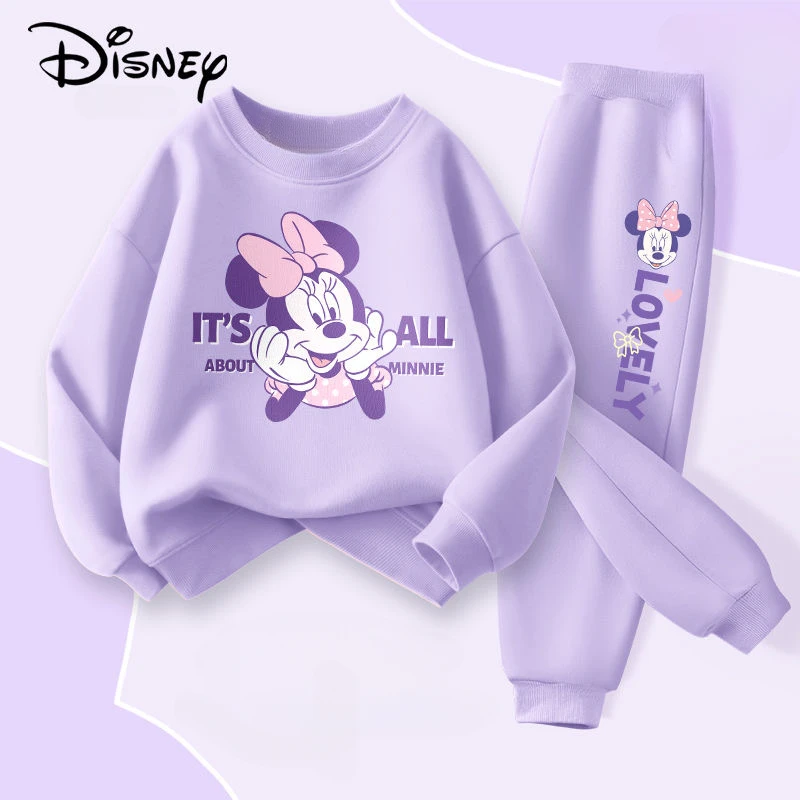 DISENY Spring Autumn Children's Clothing Sets Minnie Print Baby Girls Pullover Pant 2pcs Suit Breathable Thin Kids Tracksuit