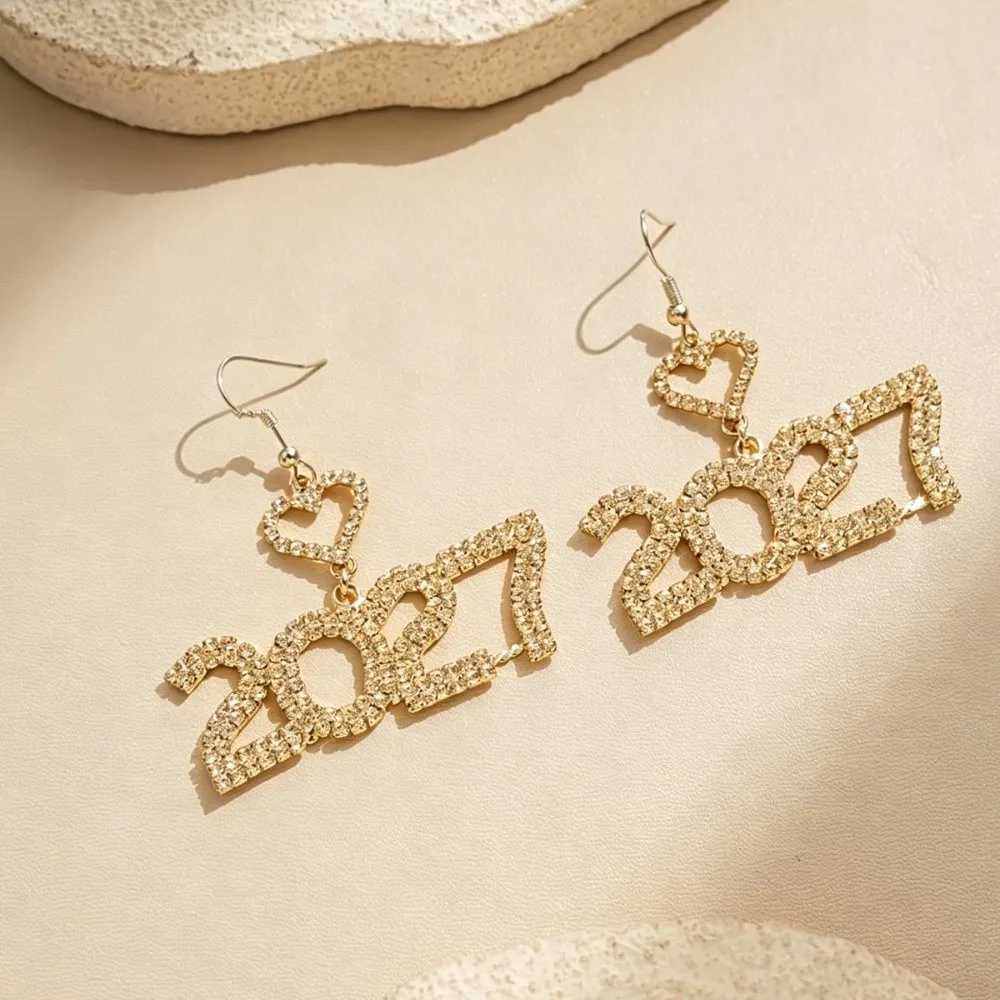 Jewelry Elegant 2027 Digital Earrings Fashion Rhinestone Happy New Year Earrings Long Drop Shiny Stud Earrings New Year