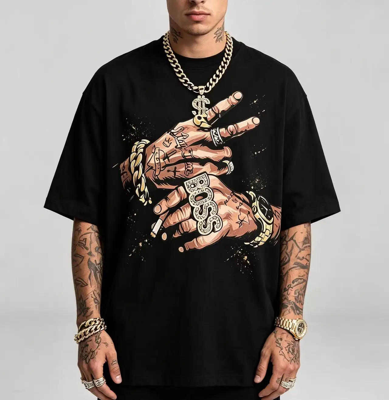 Unisex Hip Hop Tattoo Hands Gold Chain BOSS Ring Graphic T‑Shirt Men Women Streetwear Oversized Cotton Short Sleeve Tee