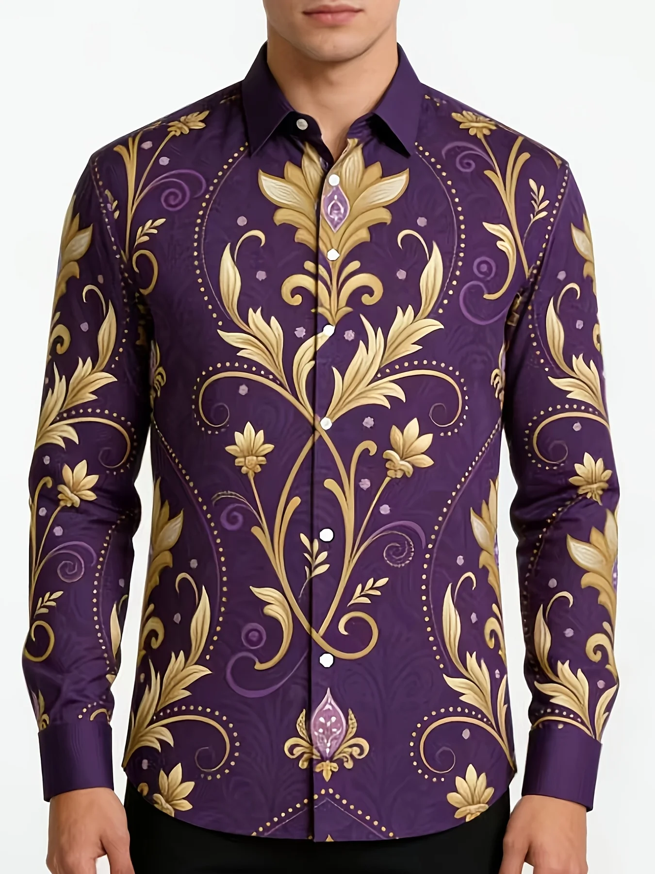 Men Long Sleeve Button Down Shirt Purple Gold Baroque Floral Scroll Print Polyester Lapel Collar Party
