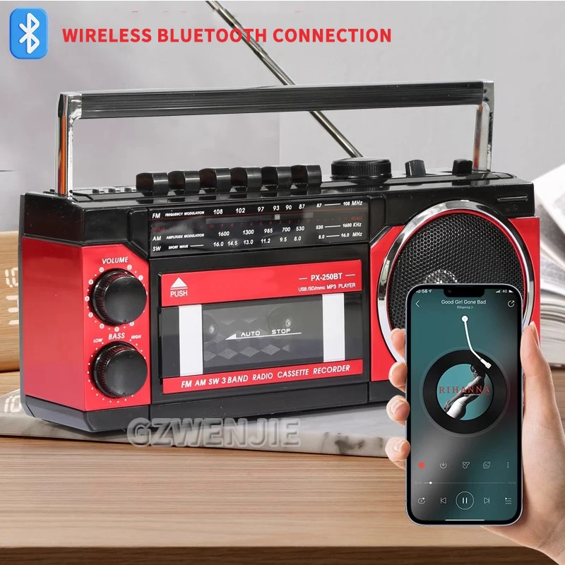 Portable Vintage Retro USB AM/FM/SW Multiband Radio Stereo Wireless Bluetooth Boombox Mp3 Audio Cassette Tape Player Recorder