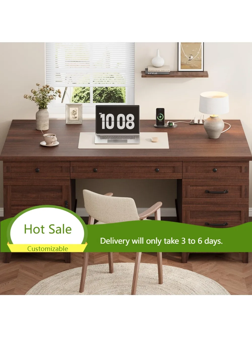 60in Executive Desk w/ File Drawers & Charging Station, Farmhouse Office Desk, Walnut Brown
