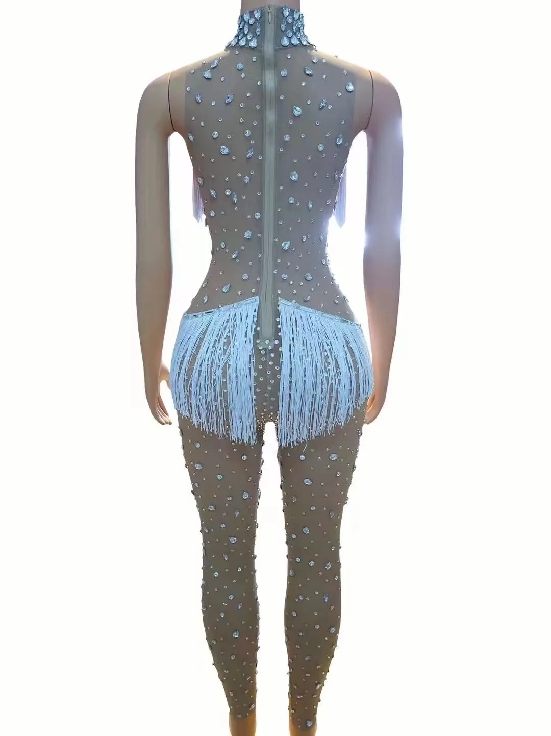 Błyszczące cyrkonie frędzle kombinezon dla kobiet seksowna siatka przezroczysty strój do klubu nocnego piosenkarka tancerz występ na scenie kostium