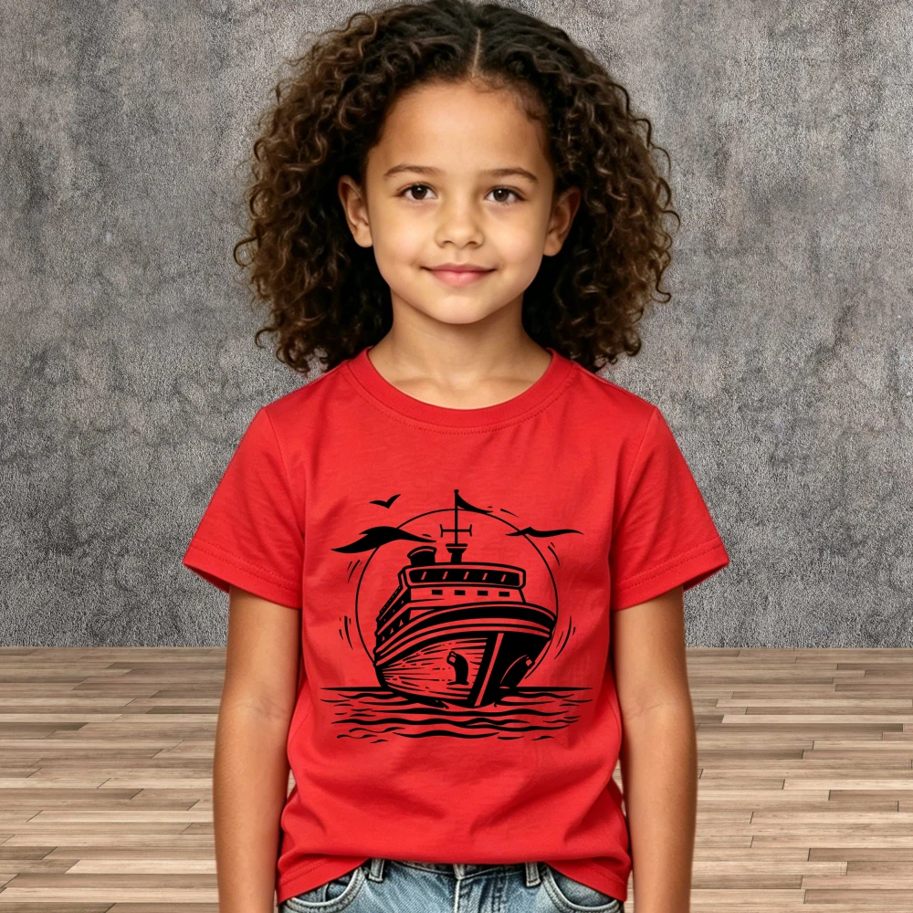 Kids Cruise Ship Print Cotton Tops Children Crew Neck Soft Short Sleeve Tees Shirt Summer Boys Girls T-shirt